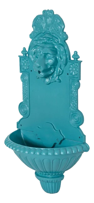 Antique Cast Iron Wall-Mounted Teal Painted Garden Fountain With Lion Mask