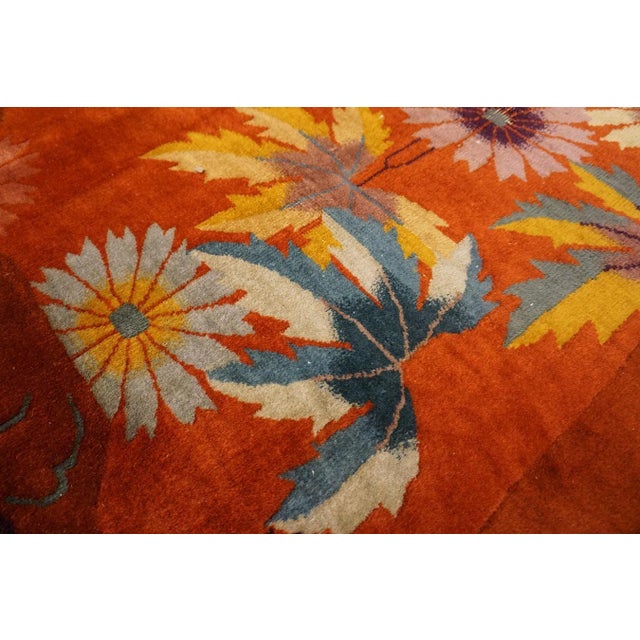 1920s Striking Multi Color Daisies in a Floral Design With Orange-Terra-Cotta Ground Color Antique Chinese Art Deco Rug For Sale - Image 5 of 12