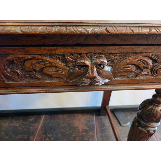 Victorian Antique 1880 Carved Lion Desk Solid Quater Sawn Oak Renaissance Revival Spanish Revival For Sale - Image 3 of 14