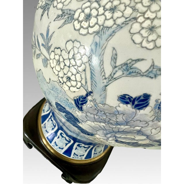 Vintage Chinese Blue and White Floral Porcelain Table Lamp on Ming Style Wood Stand For Sale - Image 11 of 13