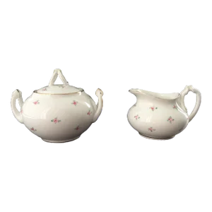 Antique Limoges Wm Guerin Porcelain Sugar & Creamer Set With Small Roses and Gold Trim