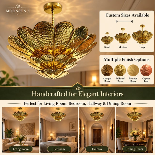 Brass Handmade Brass Flower Ceiling Light, 3 Tier Hammered Floral Chandelier, Art Deco Lotus Semi Flush Mount, Luxury Brass Ceiling Fixture 28 Inches For Sale - Image 8 of 15