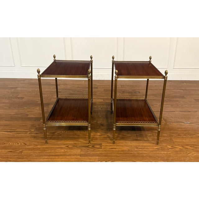 2020s Pair of Two Tiered Brass and Wood End Tables by Leighton Hall - Showroom Samples For Sale - Image 5 of 17