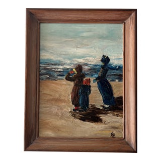 20th Century Oil on Board Framed Signed Impressionist Style Depicting Family at Seashore For Sale