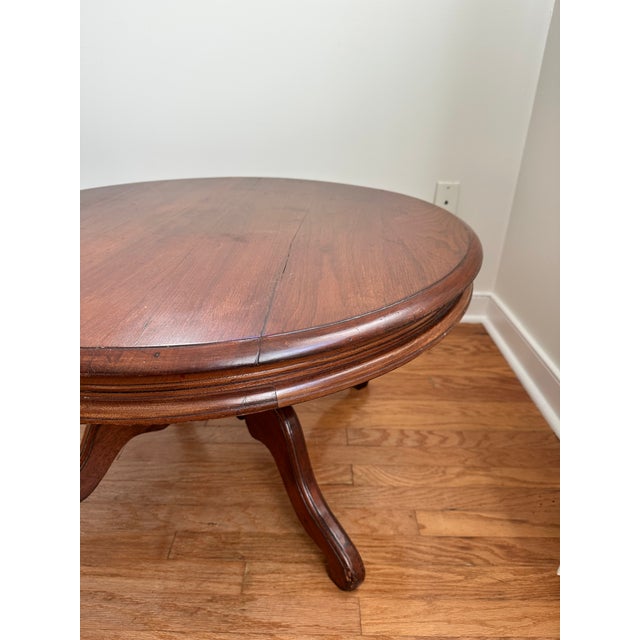 Vintage Victorian-Style Round Wood Pedestal Coffee Table. For Sale - Image 4 of 8