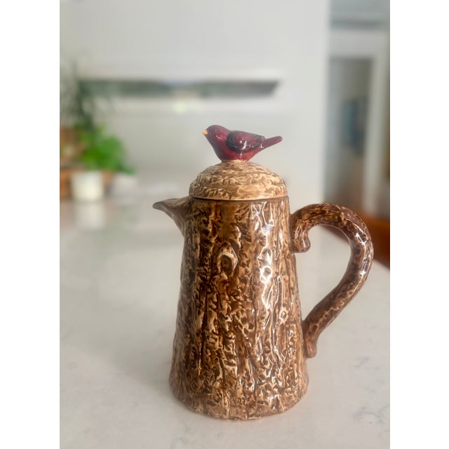 Mid-Century Folk Art Ceramic Faux Bois Tree Trunk Pitcher With Bird Finial For Sale - Image 10 of 10