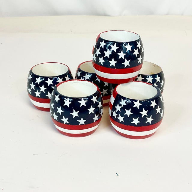 Navy Blue Vintage Americana Arts & Crafts Boho Chic Painted Wood Flag Motif Napkin Rings - Set of 6 - 4th of July For Sale - Image 8 of 14