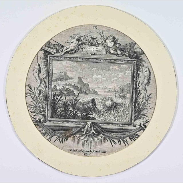 Engraving on paper from Amorum Emblemata / emblematic series after Ovid. Circular emblematic engraving illustrating the...