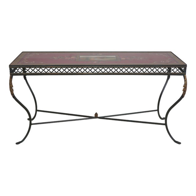 Stunning Hand Painted Top Iron Base Console Table For Sale