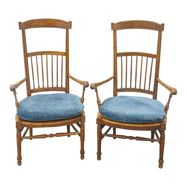 Pair 19th Century French Provincial Beechwood and Fruitwood & Rush Seat High-Back Armchairs For Sale