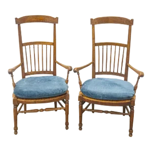 Pair 19th Century French Provincial Beechwood and Fruitwood & Rush Seat High-Back Armchairs
