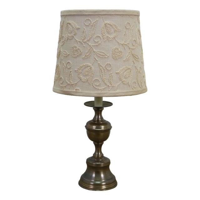 Vintage Brass Colonial Candlestick Crewel Shade Vanity Boudoir Lamp 19" For Sale
