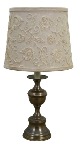 Vintage Brass Colonial Candlestick Crewel Shade Vanity Boudoir Lamp 19"