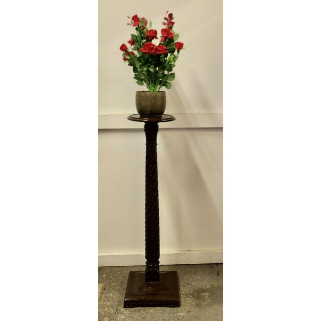 19th Century Carved Walnut Pedestal Torchere The column has a tight barley twist turning, the top is round with raised...