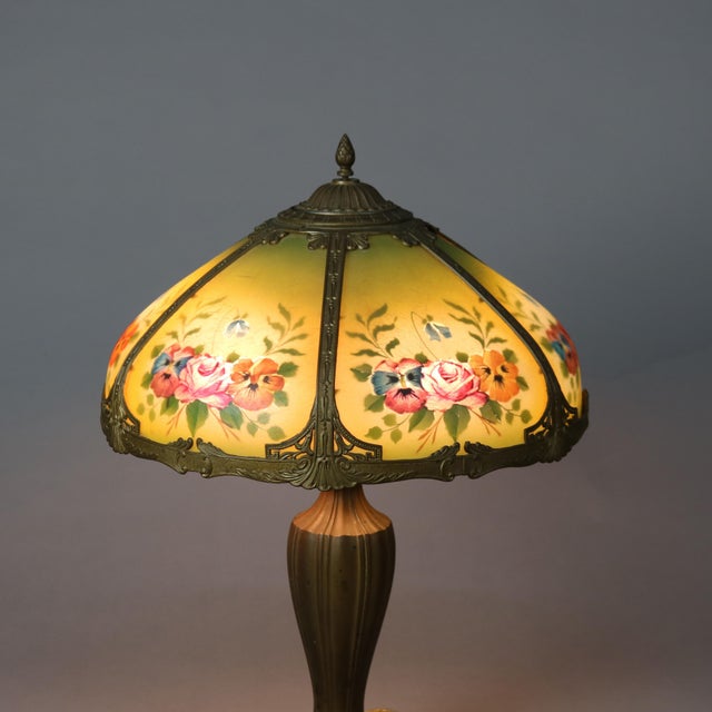 Antique Bradley & Hubbard Arts and Crafts Reverse Painted Floral Lamp Signed For Sale - Image 6 of 12