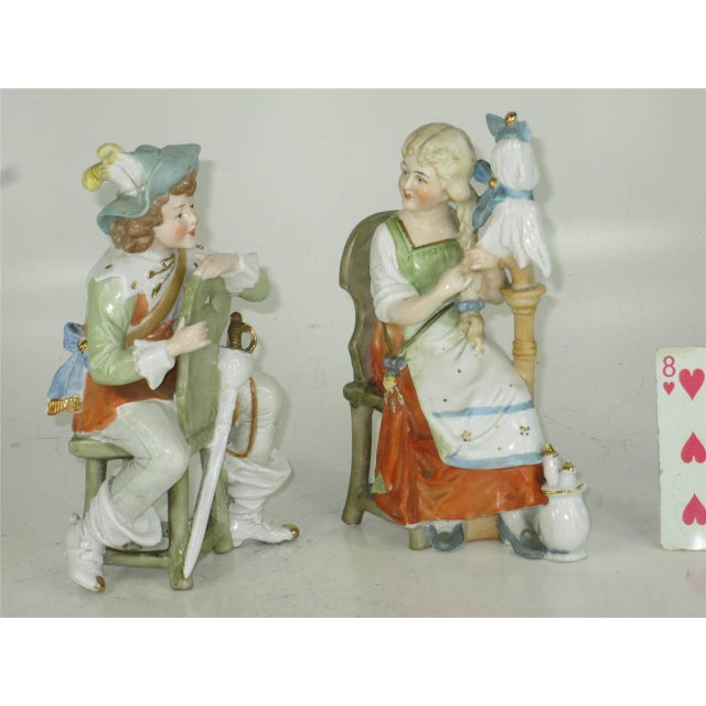 Burnt Orange 19th Century Figurines Man Woman Lady Sitting Chair Dep Germany 11588 Renaissance Hand Painted For Sale - Image 8 of 12
