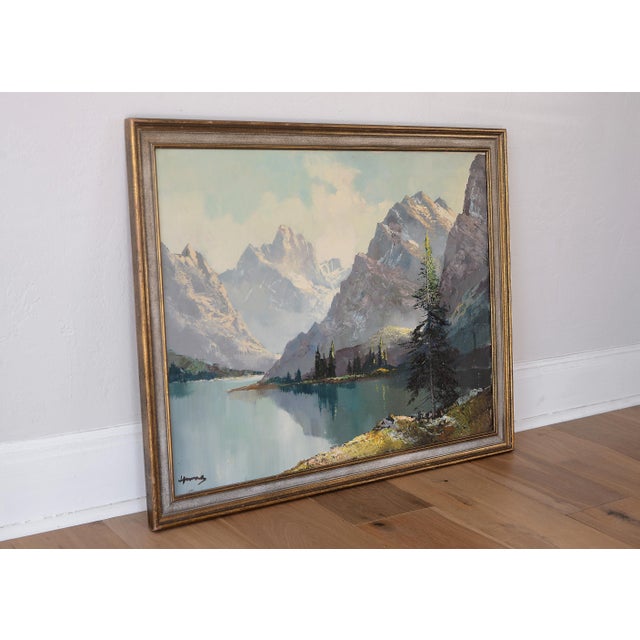 Traditional Vintage Snow-Capped Mountains & Lake Landscape Painting For Sale - Image 3 of 14