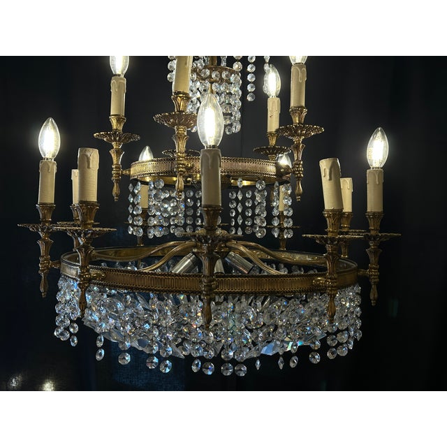 Metal Empire Style 15-Arm Chandelier in Gilt Bronze and Crystal, 1970s For Sale - Image 7 of 8