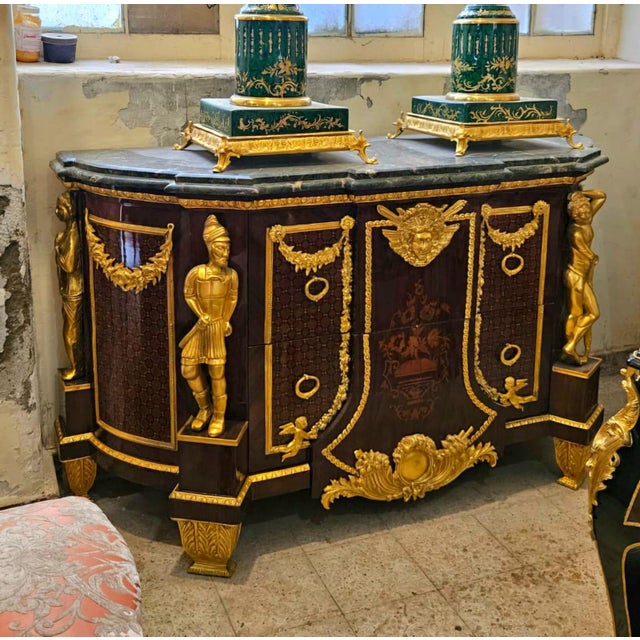 Traditional Empire Style Marble Top Sideboard Cabinet With Gilded Bronze Sculptures & Grand Storage For Sale - Image 3 of 3