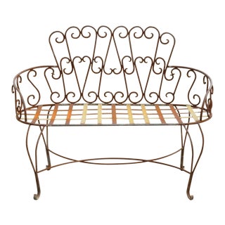 Late 20th Century Vintage Fancy Scrolling Wrought Iron Victorian Style Garden Patio Bench Loveseat For Sale