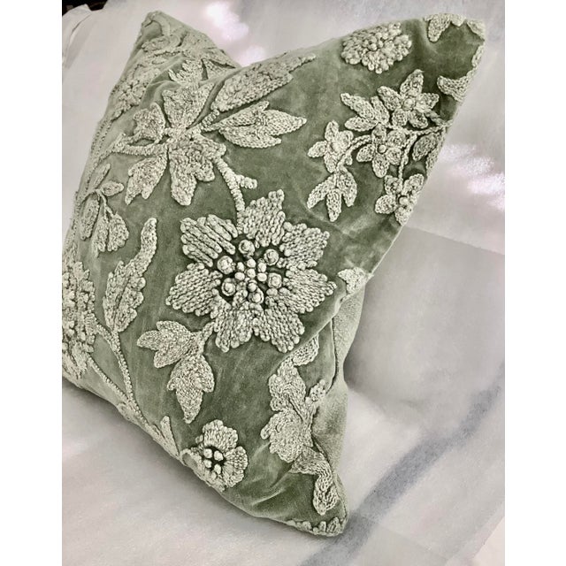 Floral Embroidered Sage Washed Velvet Decorative Pillow Cover For Sale In New York - Image 6 of 8