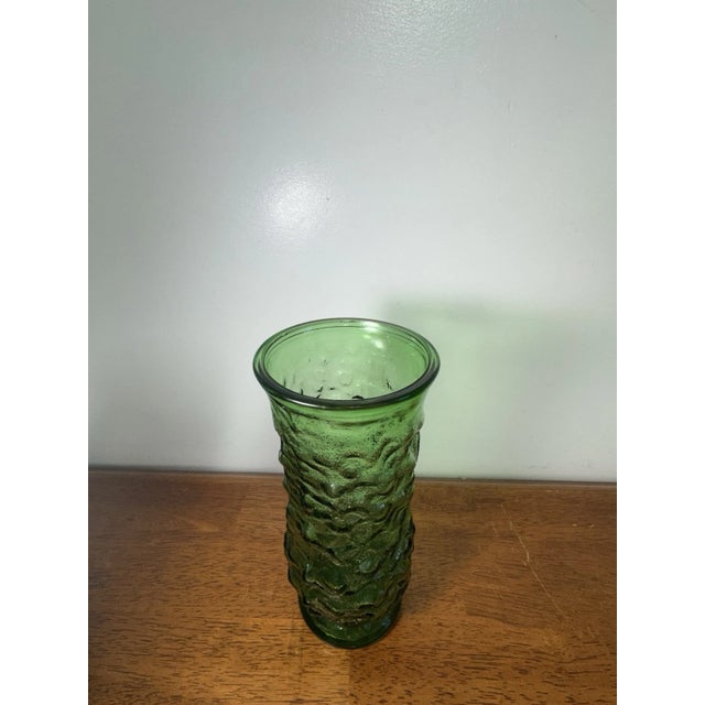 1970s Vintage Green Art Glass Vase Textured Bark Avocado Retro Mid Century Decor For Sale - Image 5 of 8