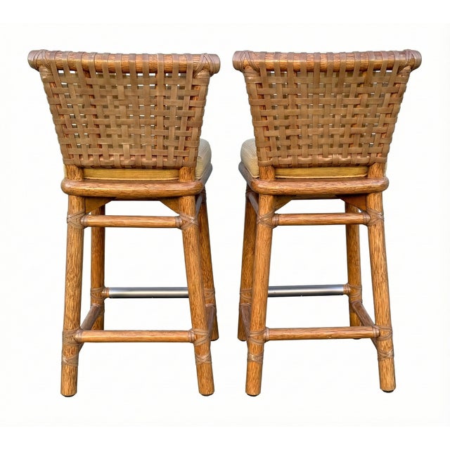 McGuire Pair of Vintage McGuire Woven Rattan and Rawhide Counter Height Bar Stools For Sale - Image 4 of 7