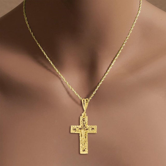 ♥ Product Summary ♥ Details: Gold Cross with Diamond Cuts Material: 14k Yellow Gold Dimensions: 44mm x 21mm