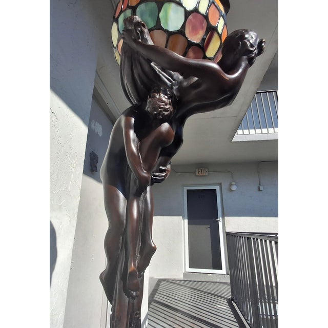 19thc Art Nouveau Large Gustave Gurshner Bronze Figural Floor/ Table Lamp Signed For Sale - Image 12 of 18