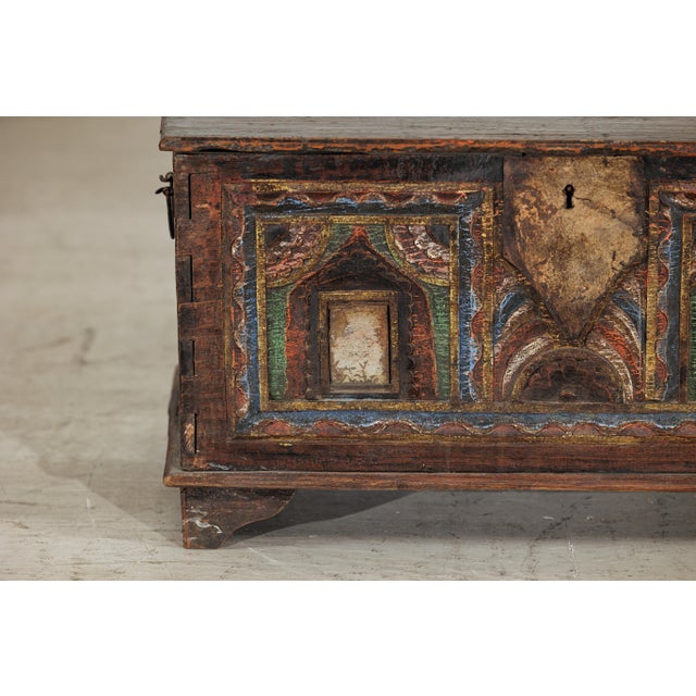 Wood Antique Indian Painted Chest with Hinged Lid and Traces of Original Mirrors For Sale - Image 7 of 18
