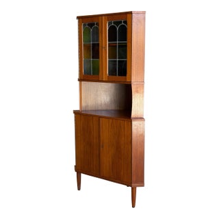 Vintage Danish Modern Teak Corner Cabinet Display Hutch Mid Century Stained Glass Denmark For Sale