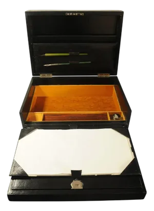Victorian Glossy Black Leather Extending Correspondence Box / Writing Slope with Black Tooled Leather Interior, Set of 6