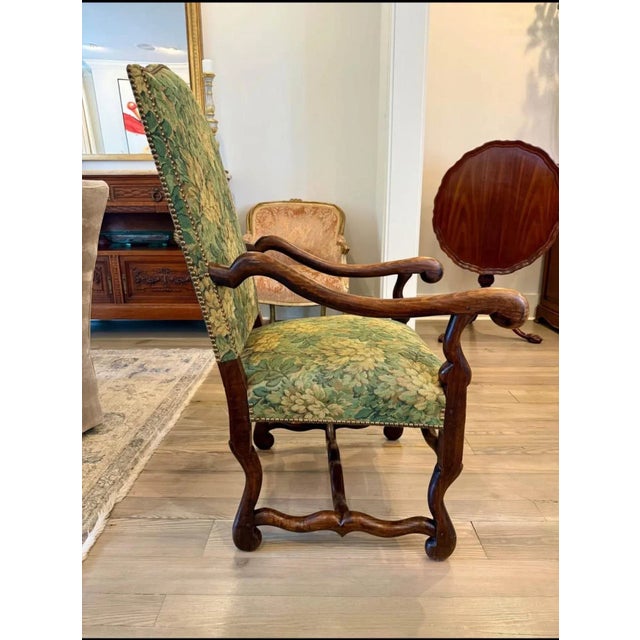 This is a beautiful French imported Os de Mouton armchair with floral tapestry upholstery and nailhead trim. Beautiful,...