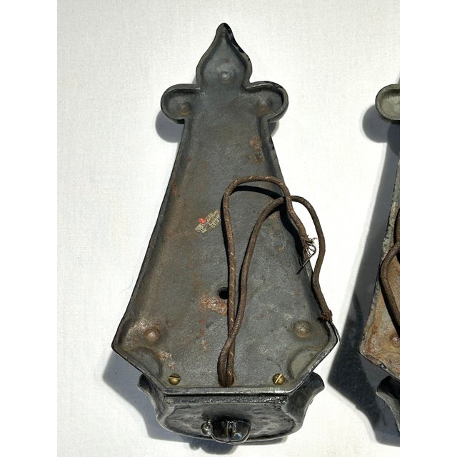 Metal Pair of Antique c.1920’s Art’s & Crafts / Spanish Revival Hammered Iron With Fleur-De-Lis Motif Wall Sconces With Original Candle Sleeve Socket Covers For Sale - Image 7 of 9