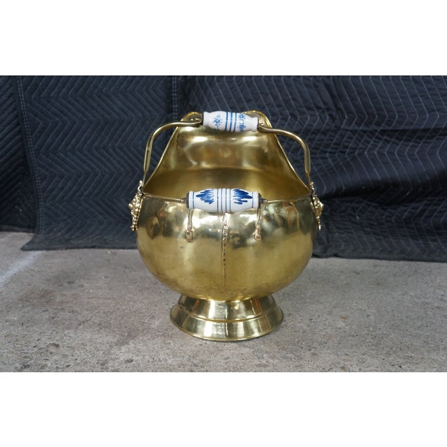 Antique Brass Coal Scuttle Delft Blue Porcelain Handle Fireplace Ash Bucket 16" For Sale - Image 15 of 18