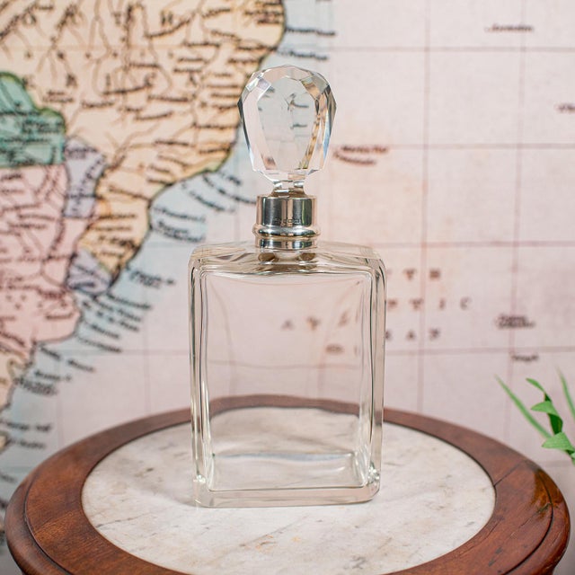 1920s Antique Whiskey Decanter, English Glass Scotch Bottle, Silver Collar, Hallmarked For Sale - Image 5 of 12