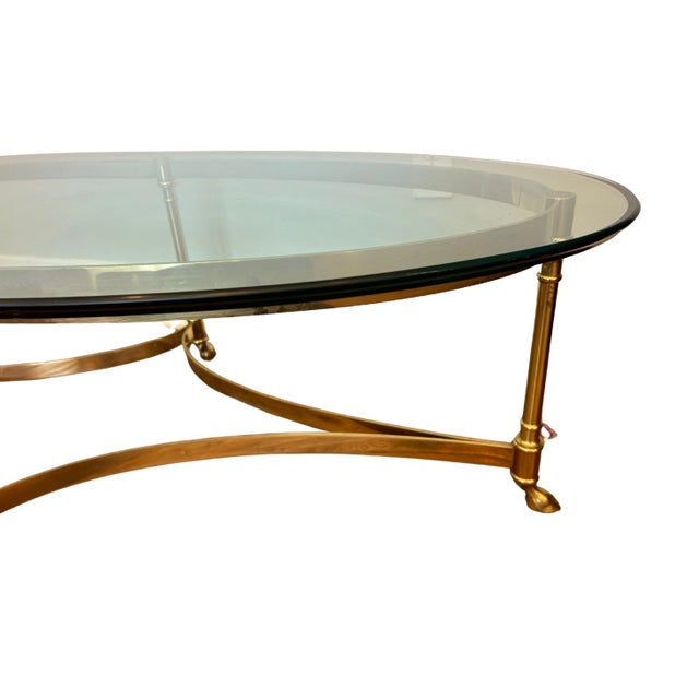 Metal LaBarge Mid-Century Modern Oval Brass & Glass Coffee Table With Hoof Feet For Sale - Image 7 of 11