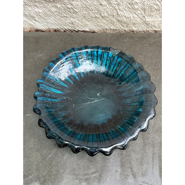 Mid-Century Modern Blenko Wayne Husted Ribbed Glass Ashtray 6112 S Persian Turquoise Blue 10 1/2" For Sale - Image 3 of 7