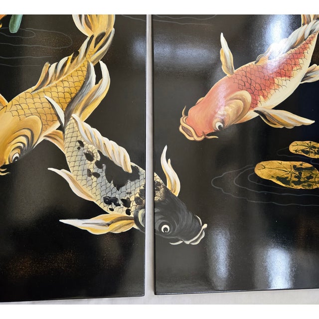 Mid 20th Century Two Panel Black Lacquered Koi Fish Lotus Flower With Dragon Fly Artist Signed For Sale - Image 4 of 15