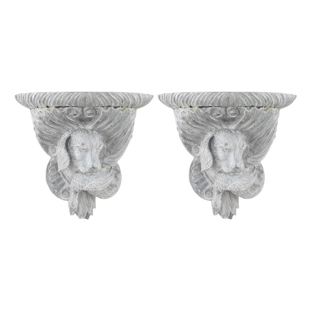 A Pair of Vintage Wooden Hand-Carved Silver Dog Head Wall Brackets For Sale