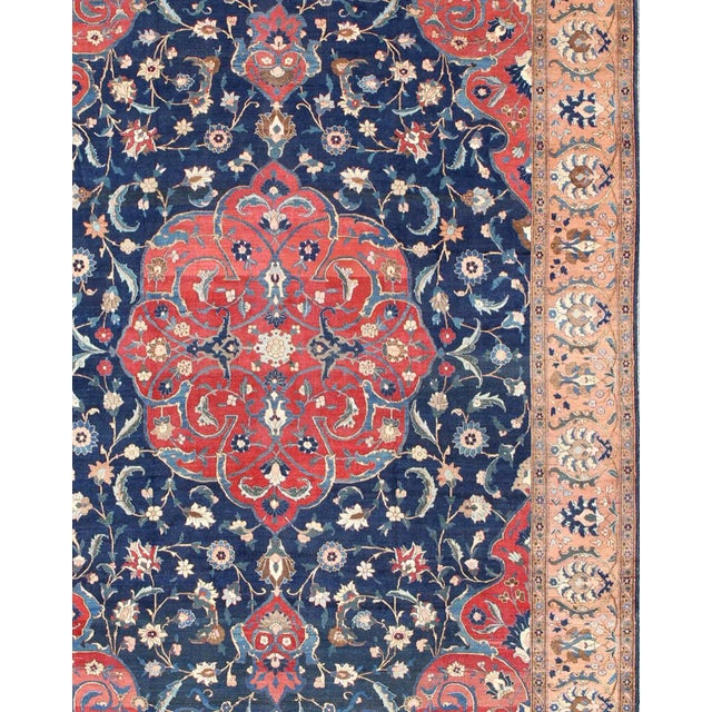 Antique Large Persian Tabriz Rug With Large Flowers on a Navy Background For Sale - Image 4 of 12