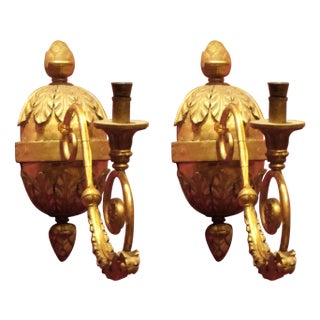 Italian Baroque Hand-Carved Giltwood Sconces with Gilt Bronze Arm, Set of 2 For Sale