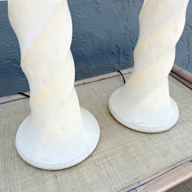 1980s Postmodern Twisted Cream Textured Plaster Table Lamps - A Pair For Sale - Image 5 of 6