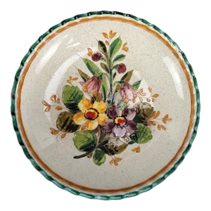 Hand Painted Incised Stoneware Floral Italian Pasta Bowl