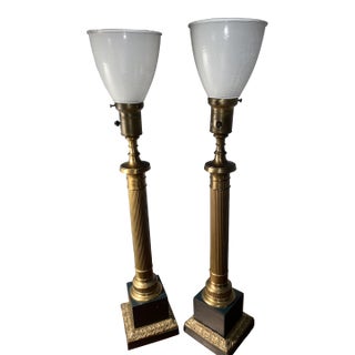 Pair of 1940s Obelisk Neoclassical Torchiere Lamps Marble Brass For Sale