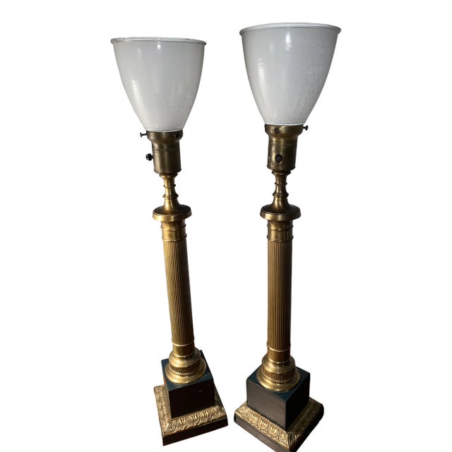 Pair of 1940s Obelisk Neoclassical Torchiere Lamps Marble Brass For Sale