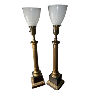 Pair of 1940s Obelisk Neoclassical Torchiere Lamps Marble Brass