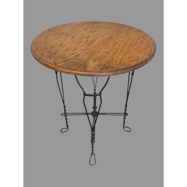 3 Piece Vintage Twisted Iron & Oak Ice Cream Parlor Set Table & 2 Chairs For Sale - Image 6 of 9