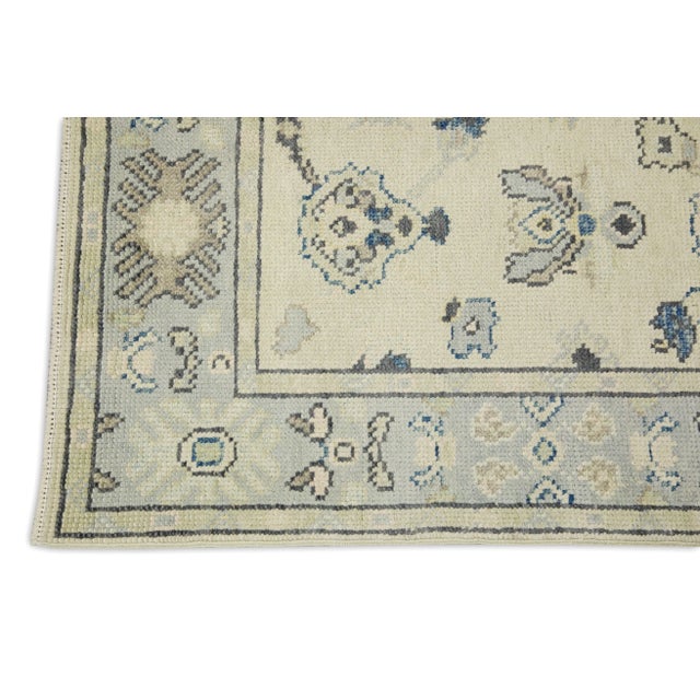 Modern Early 21st Century Cream & Blue Floral Design Handwoven Wool Turkish Oushak Rug 2'4" X 9'10" For Sale - Image 3 of 7