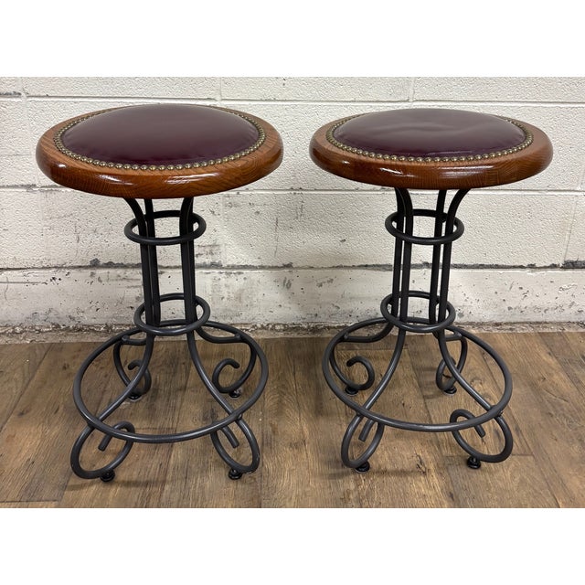 Vintage Virginia House Oxblood Burgundy Vinyl Nailhead Swivel Backless Barstools For Sale - Image 13 of 15